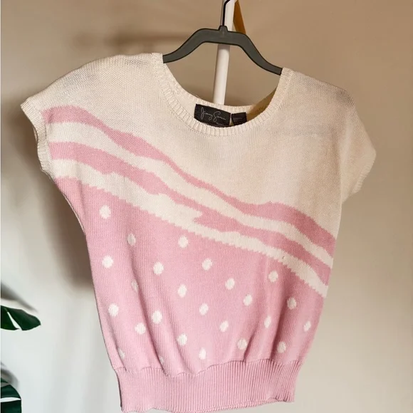 Vintage Jimmy Garcia Short Sleeve Knit Sweater - Cream & Pink, Size - Picture 1 of 6